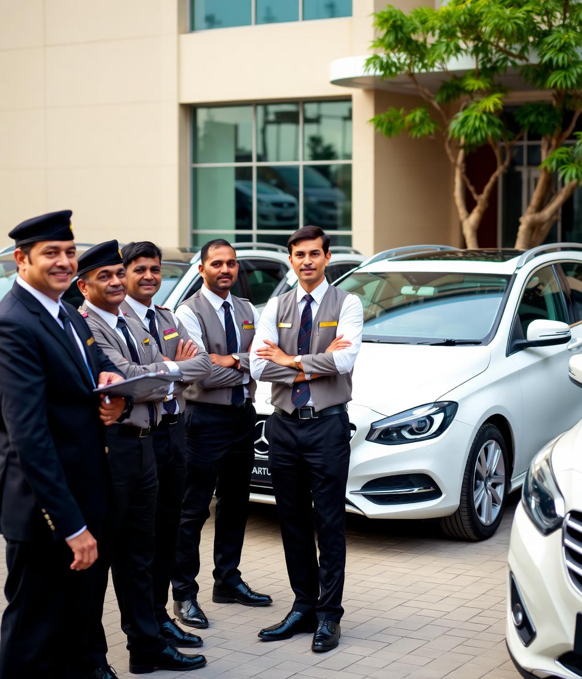 Professional chauffeur team of Hena Travels standing beside a clean fleet of cars in Vadodara