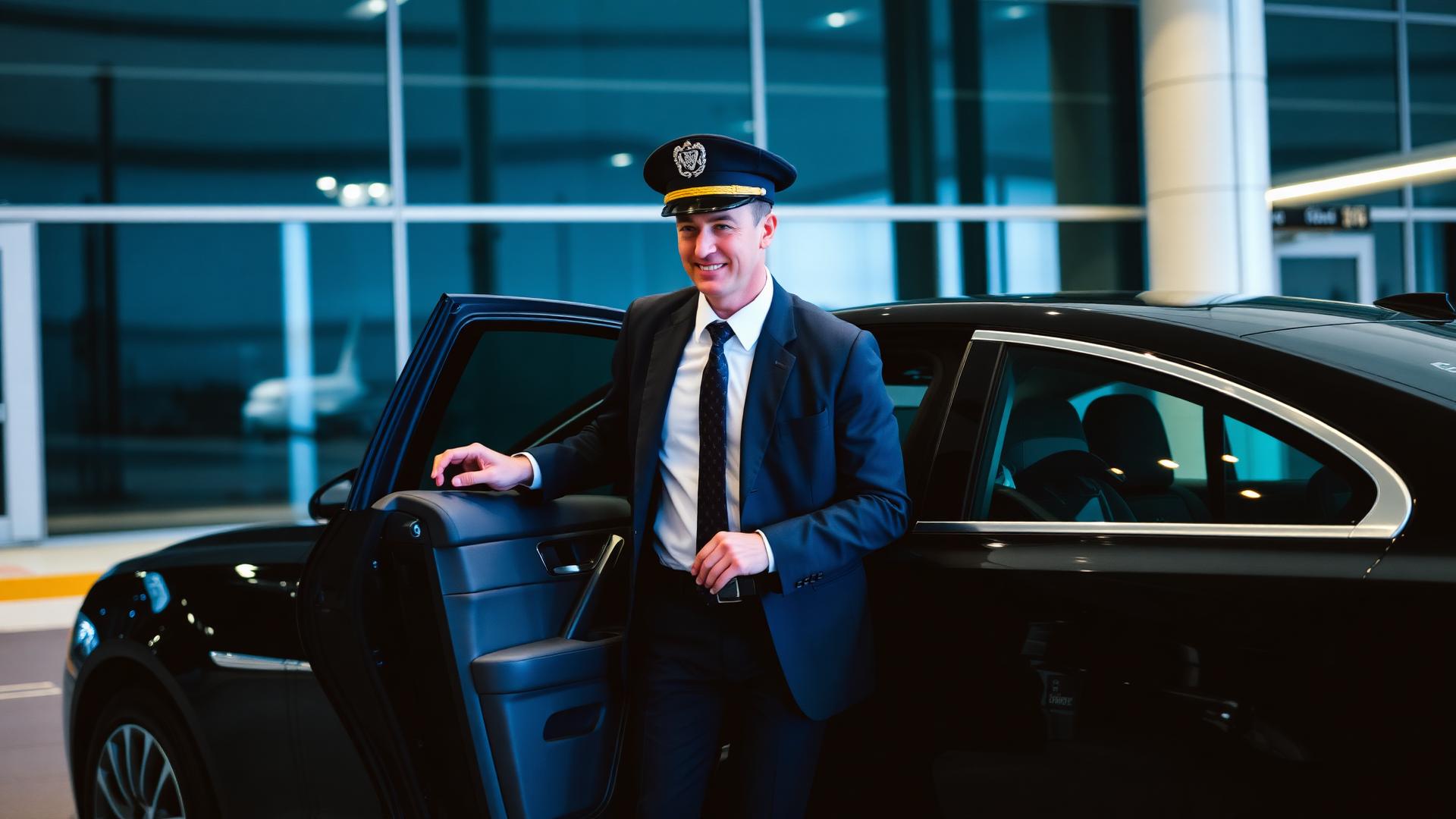 Professional chauffeur opening a luxury car door for airport pickup in Vadodara